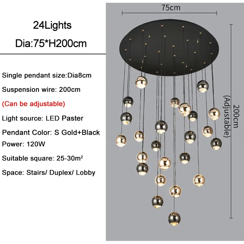 suspension lumineuse contemporaine noir doré sphères métalliques brillantes éclairage intérieur maison