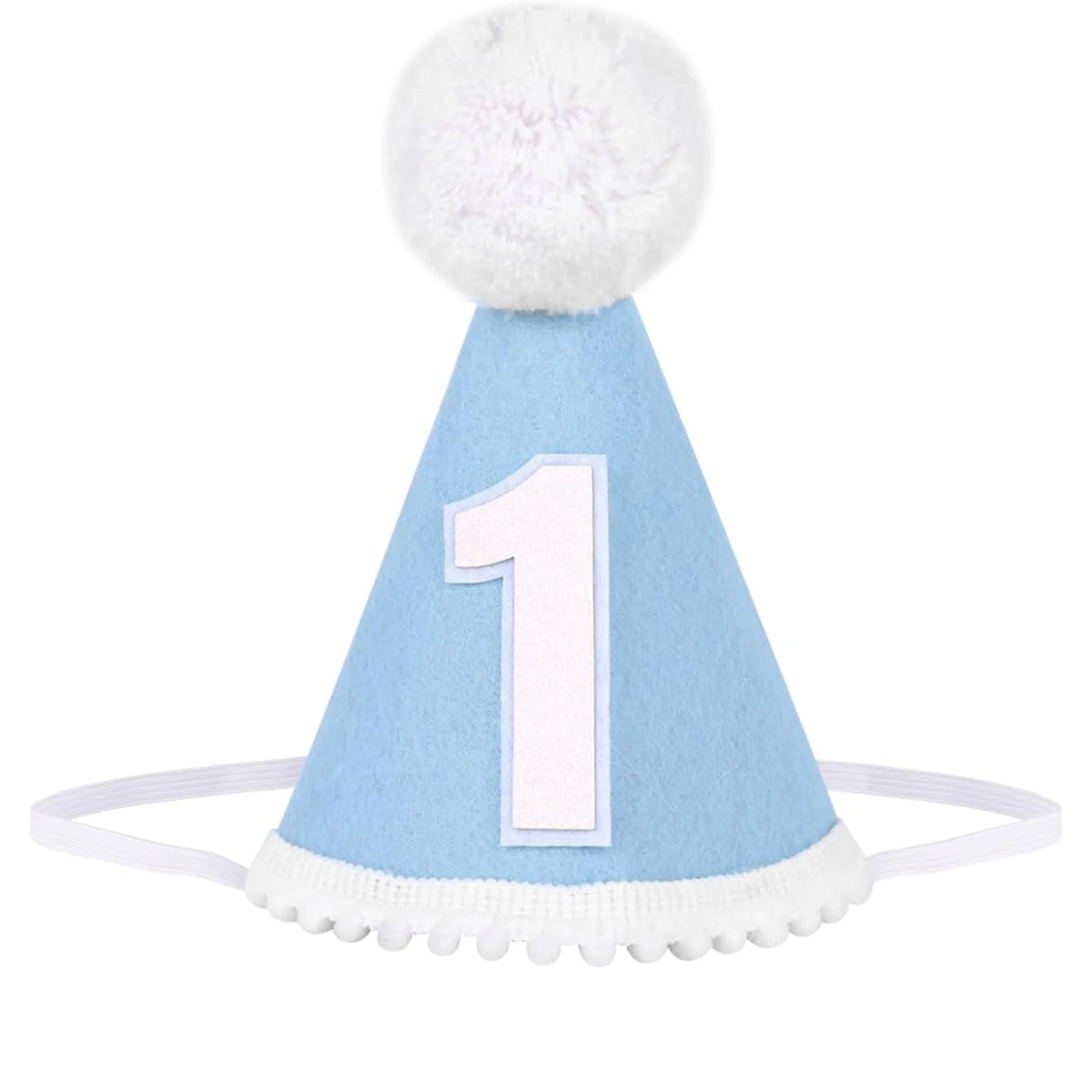 chapeau fête conique bleu clair numéro blanc pompons élastique anniversaire enfant