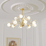 lampe suspendue contemporaine or blanc fleurs opalescente 10 têtes chaîne neutre