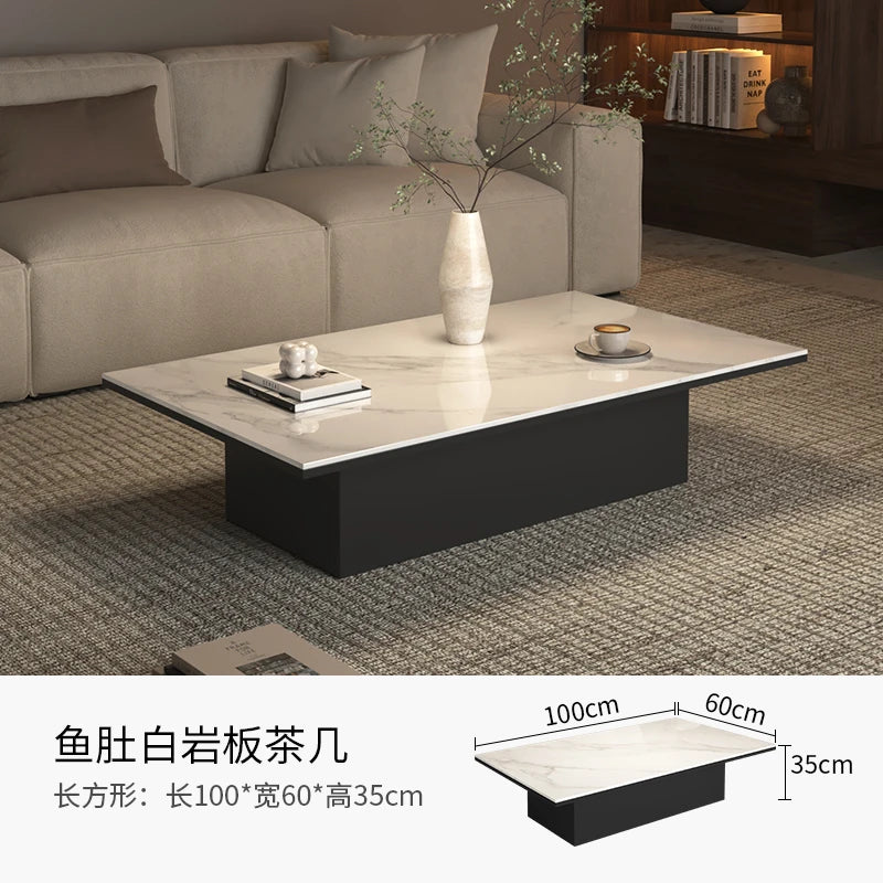 table basse moderne minimaliste noir blanche surface lisse tapis branches tasses livres coussins