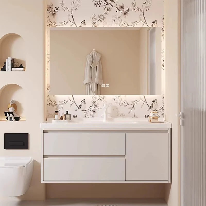 meuble salle bain blanc imprimé floral moderne miroir tiroir étagère arrière tapis toilette
