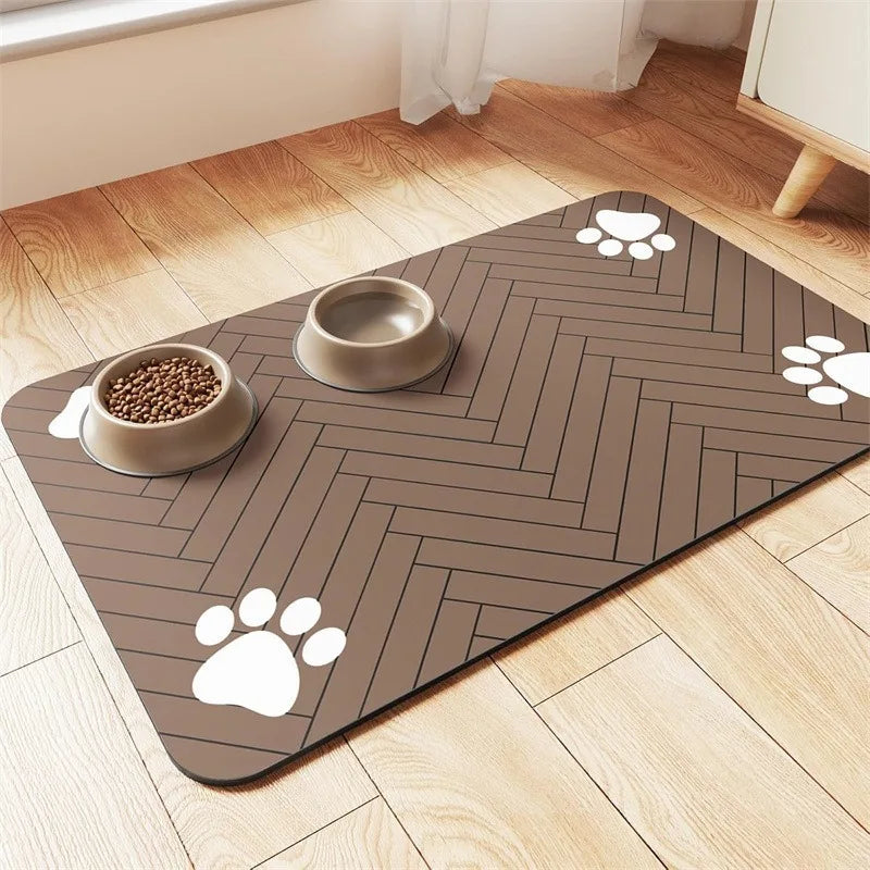 tapis nourriture animal compagnie gris rayures pattes moderne 12x16 16x20 16x24 deux bols
