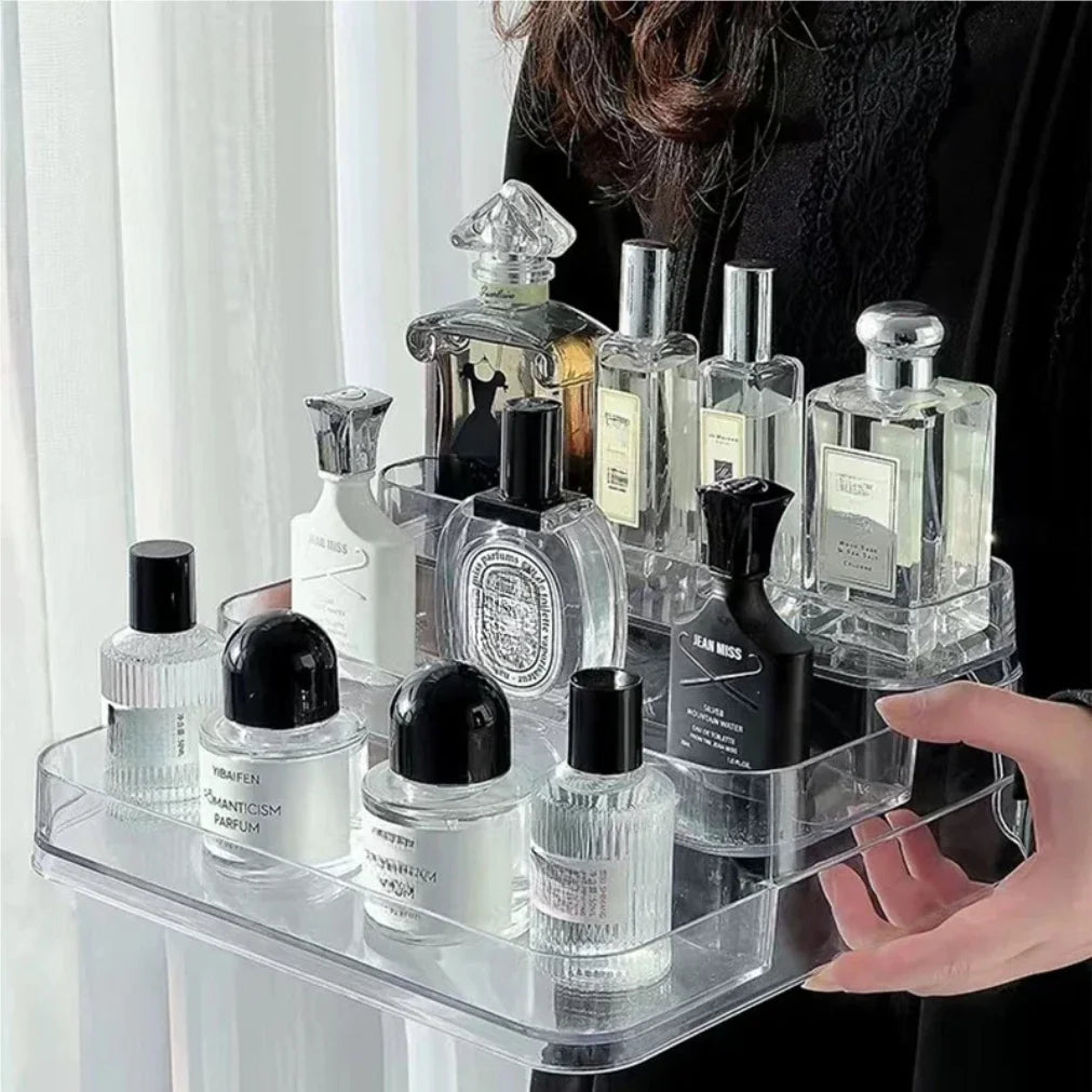 présentoir transparent minimaliste niveaux rangement parfums cosmétiques bouteilles zen étagerie