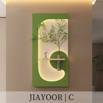 tableau mural moderne lampe led plante verte motif abstrait bois couleur beige vert marron