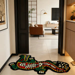 tapis moderne vert rouge noir motif crocodile points blancs salon chambre décoration tendance polyester