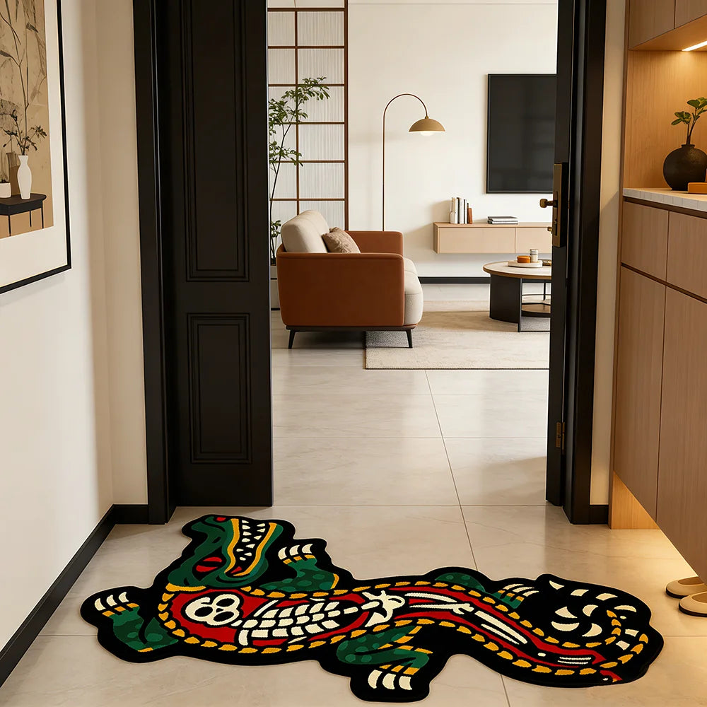 tapis moderne vert rouge noir motif crocodile points blancs salon chambre décoration tendance polyester