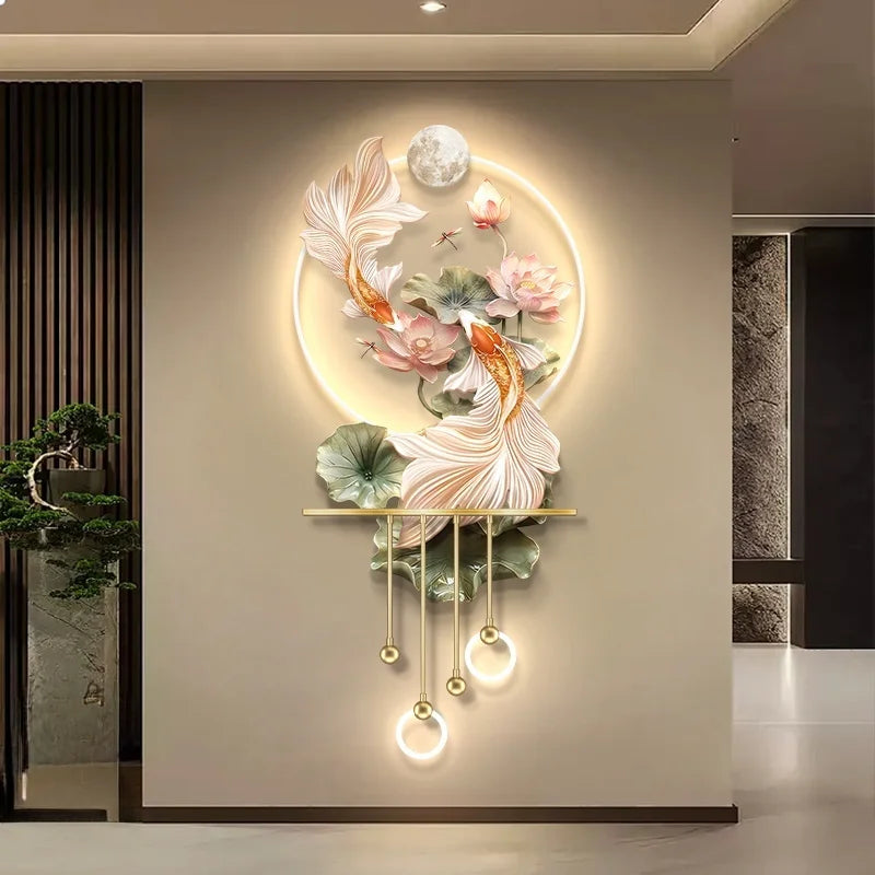 décoration murale moderne poissons floral feuilles lumineuse led beige rose verte doré