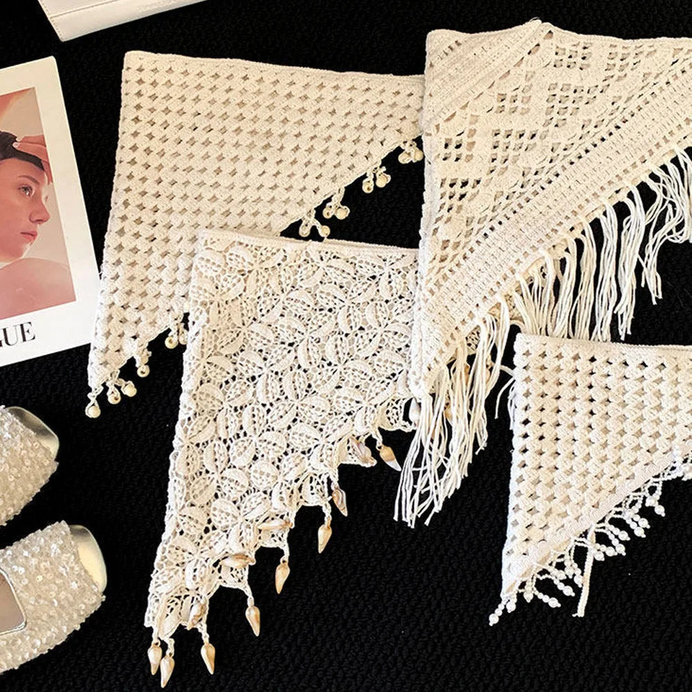 foulard boho chic blanc motifs floraux adhésif asymétrique polyester coton