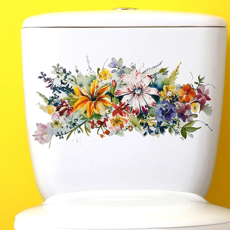 cache wc blanc fleurs colorées adhésif auto collant imperméable décoration salle bain hygiène
