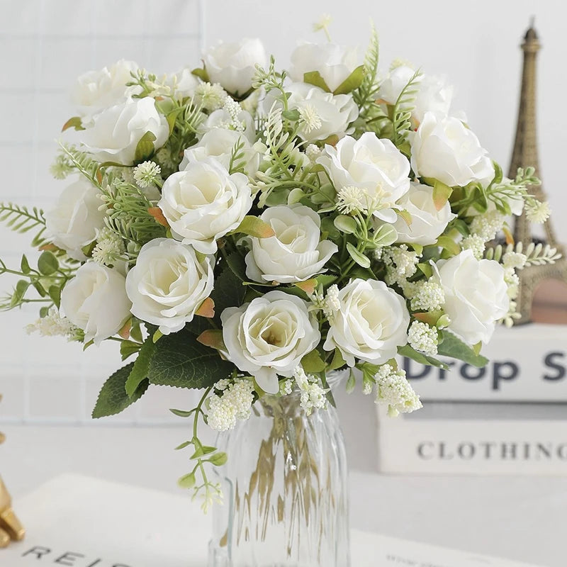 décoration intérieure bouquet roses artificielles soie blanc rouge modernes anniversaire mariage baby shower