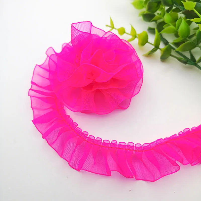 ruban plissé polyester nylon largeur 25mm dentelle organza écologique élastique soluble eau bleu rose
