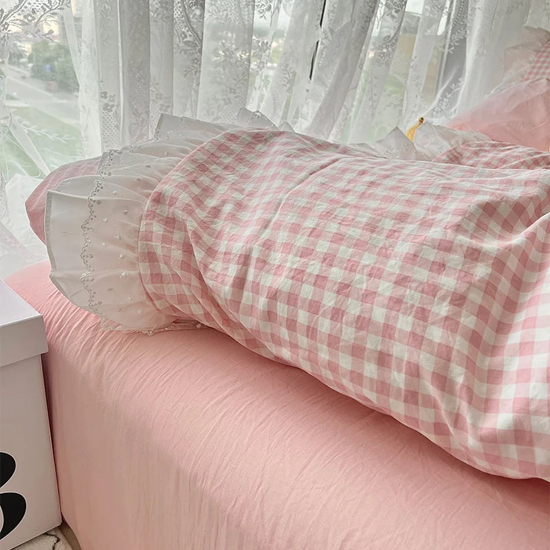 ensemble literie rose clair carreaux doux romantique housses ultra douces 180x220cm 200x230cm