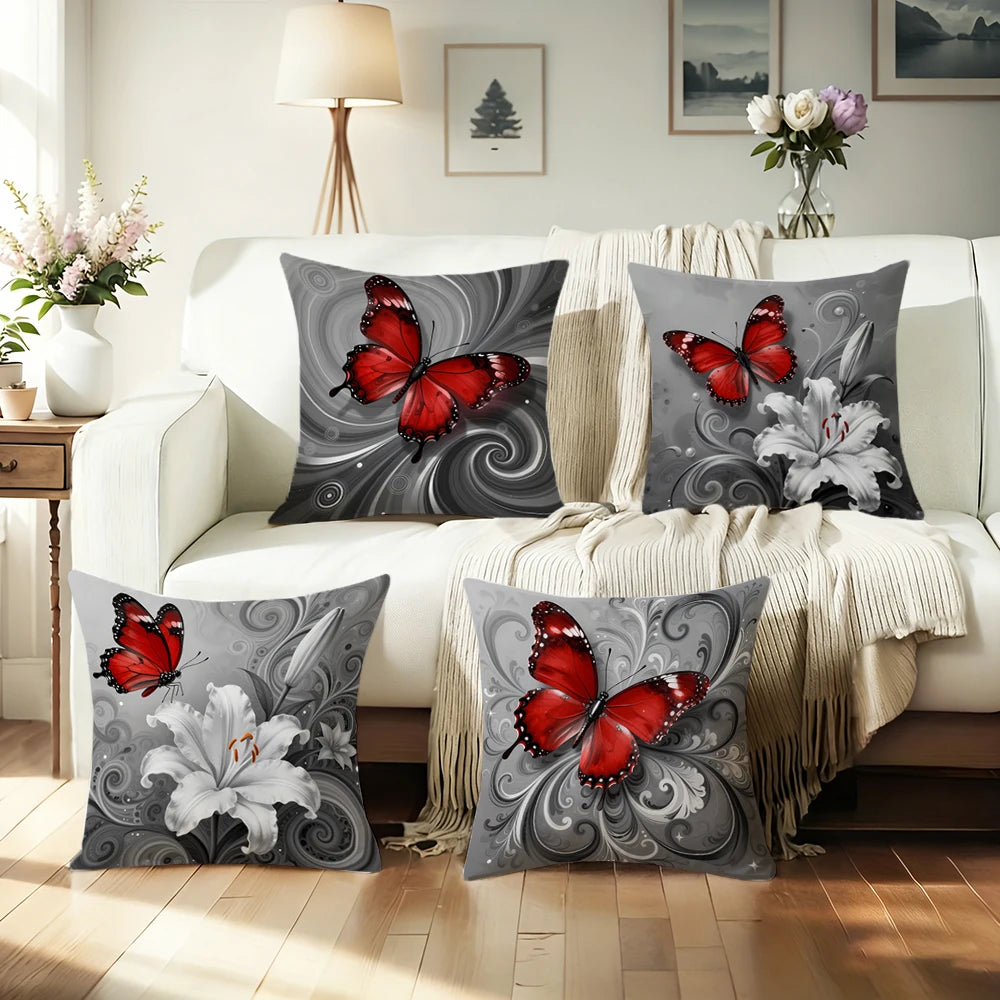 taies d'oreiller imprimées papillons fleurs rouge gris lit maison hospitalière polyester peachskin decoration chambre