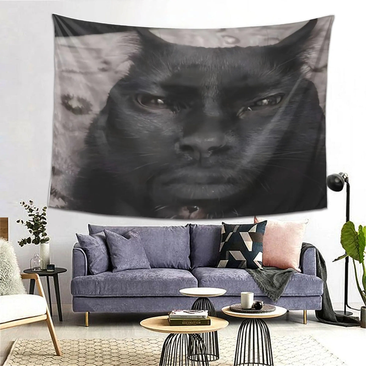 tapisserie moderne visage chat noir fond blanc personnalisée salon chambre entrée