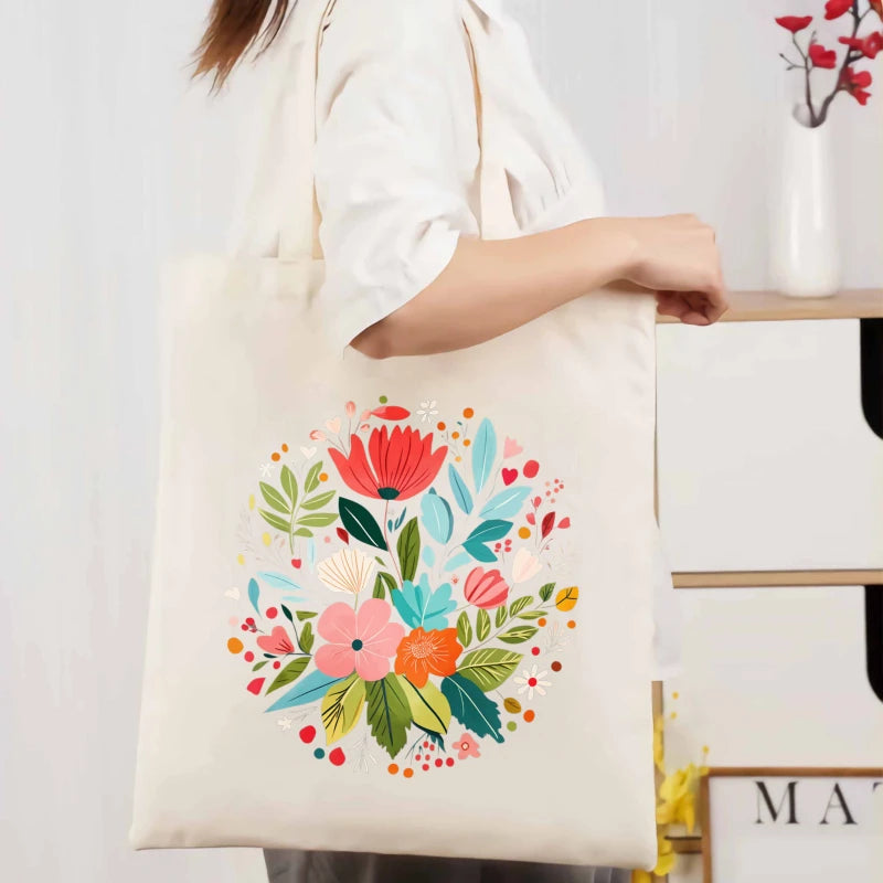 sac main toile floral fleurs colorées fond beige respectueux environnement multi usages