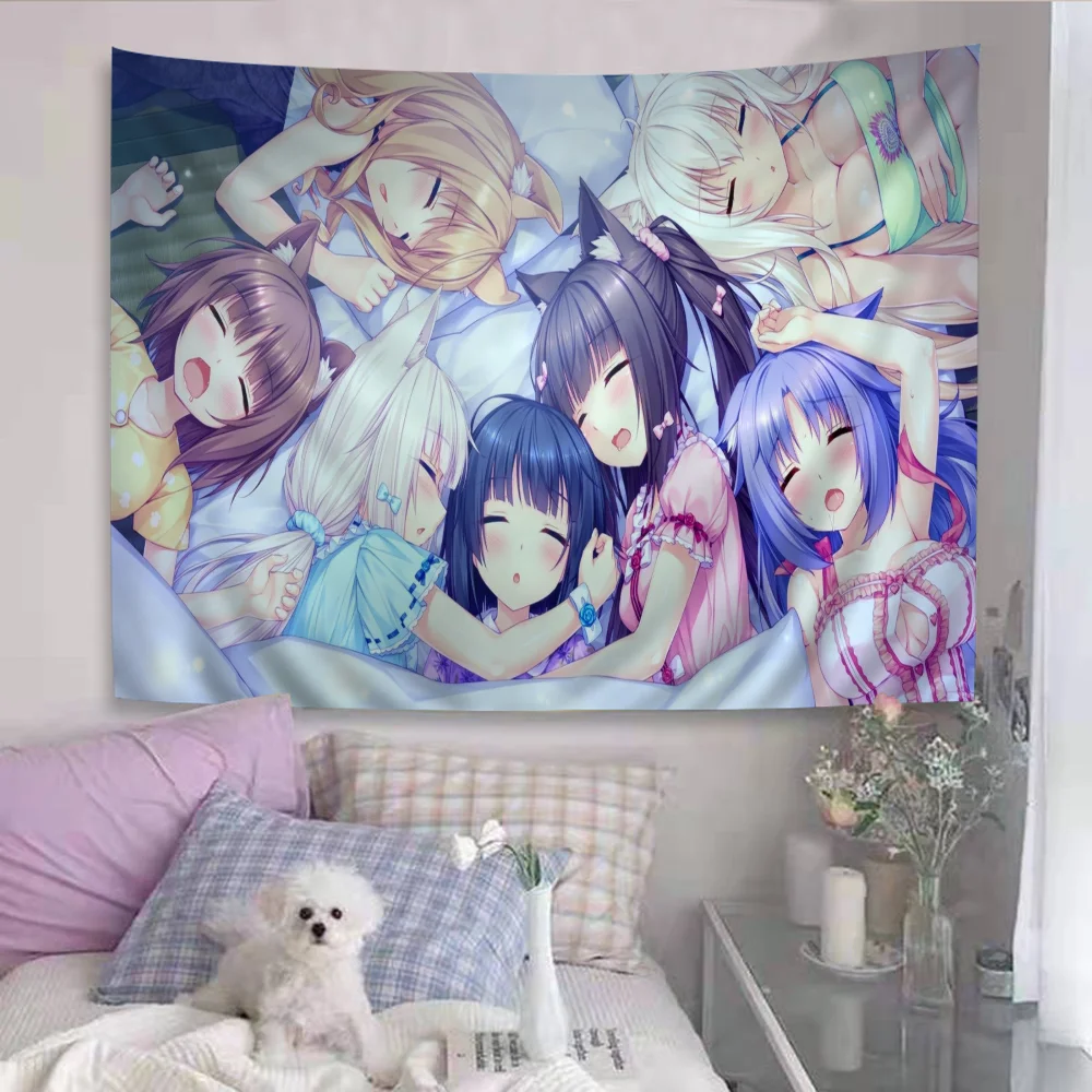 tapisserie graphique anime personnages dessins animés rose vert blanc illustration animaux mignons moderne