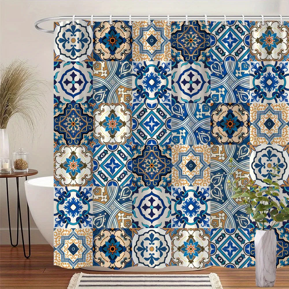 rideau douche vintage ethnique bleu blanc patchwork motifs géométriques opacité anneaux métalliques