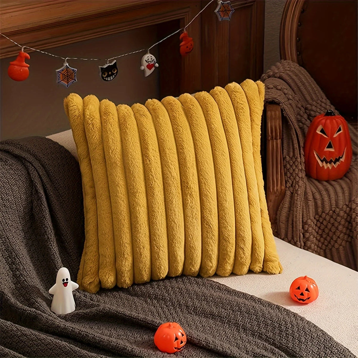 coussin housse fourrure vert rayé adhésif decoration noel canape lit confortable soft 45x45