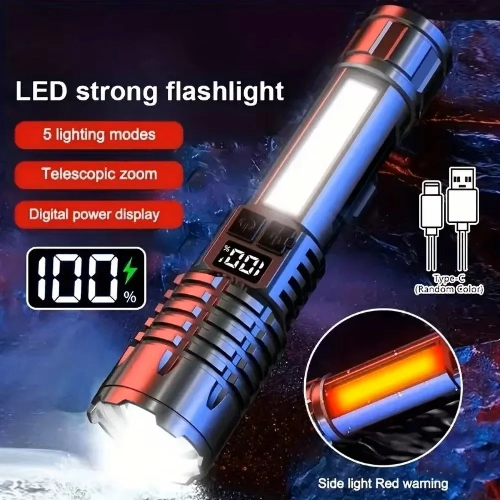 lampe torche led rechargeable waterproof portable réglable focus lumière affichage puissance signalisation rouge camping