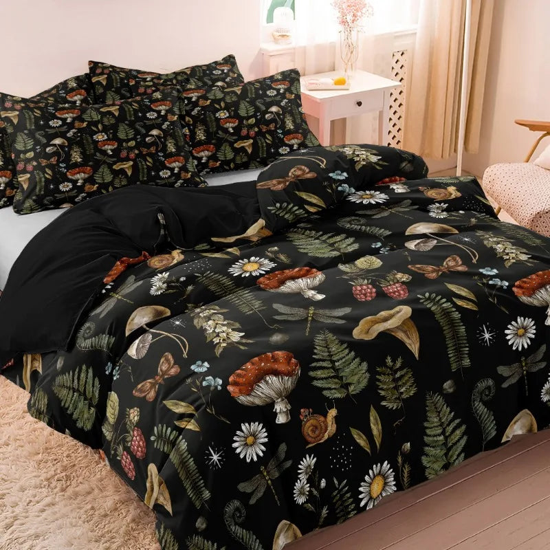 ensemble literie moderne motif floral champignons feuilles papillons noir blanc rouge vert