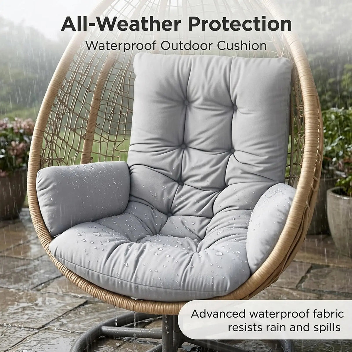 coussin assise dossier fauteuil suspendu gris clair texture tissée boutons confortables imperméable coton