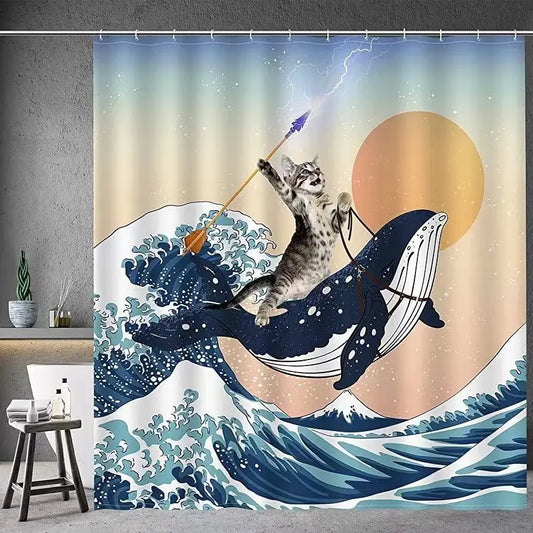 Rideau de douche chat guerrier sur une baleine