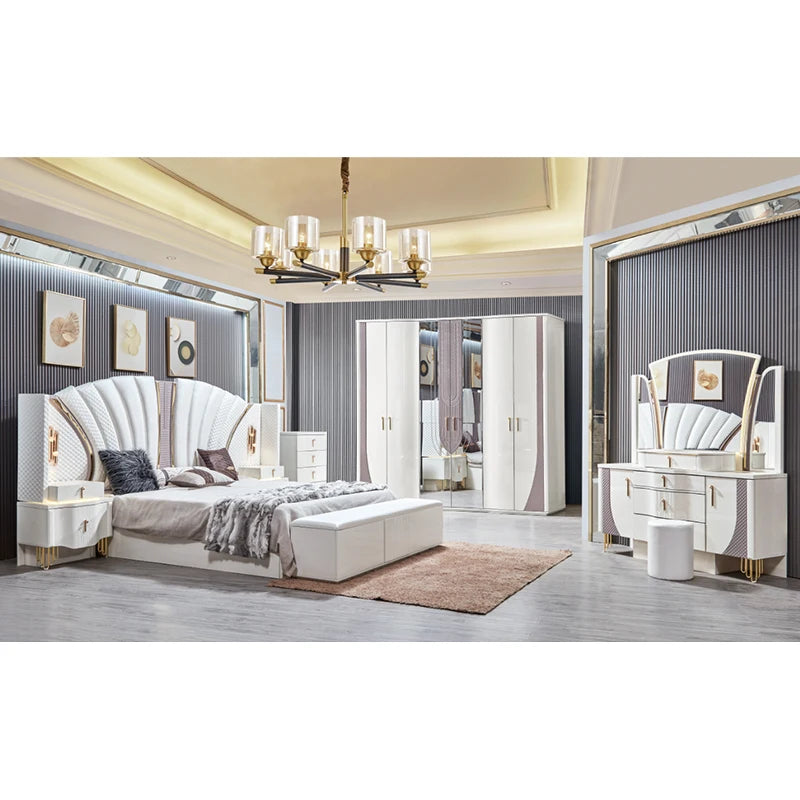 ensemble chambre coucher lit commode armoire blanc doré art déco tête lit éclairage intégré