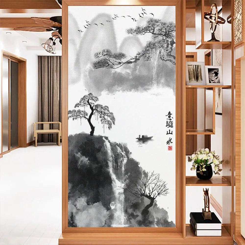 tableau decoratif abstrait paysage oiseaux arbre cascade art contemporain minimaliste pvc opaque noir blanc