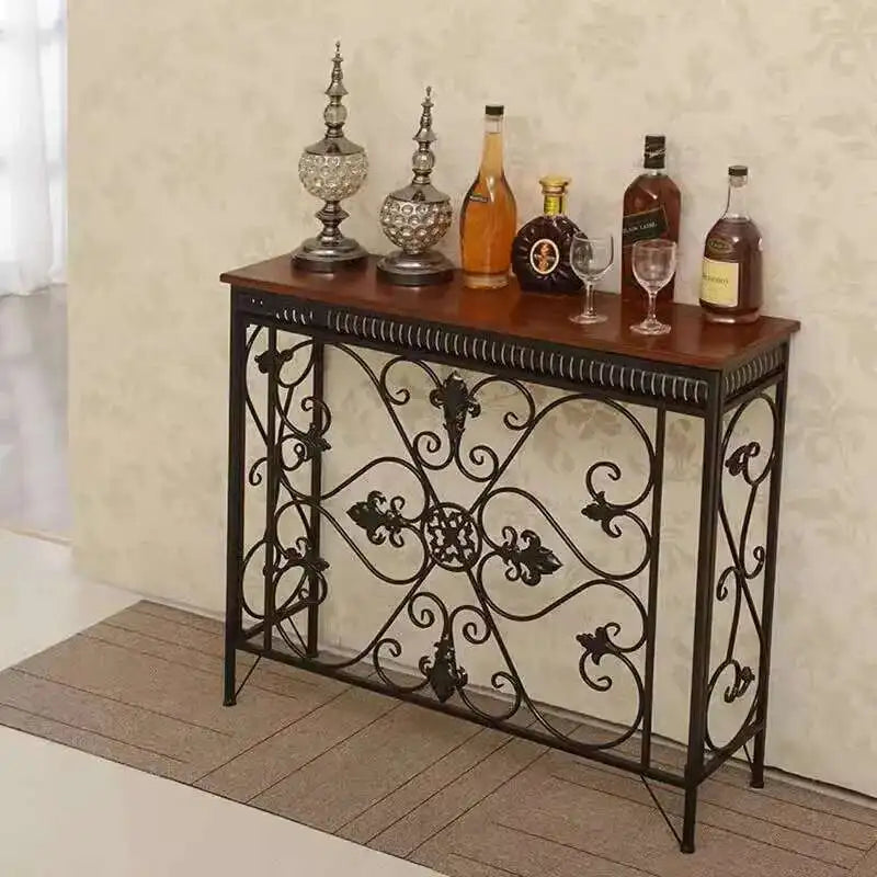 console classique vintage bois ornements floraux marron noir blanc decoration salon couloir