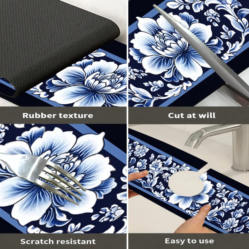 tapis cuisine bleu marine fleurs blancs antidérapant rapide absorption eau durable réutilisable comptoir bar