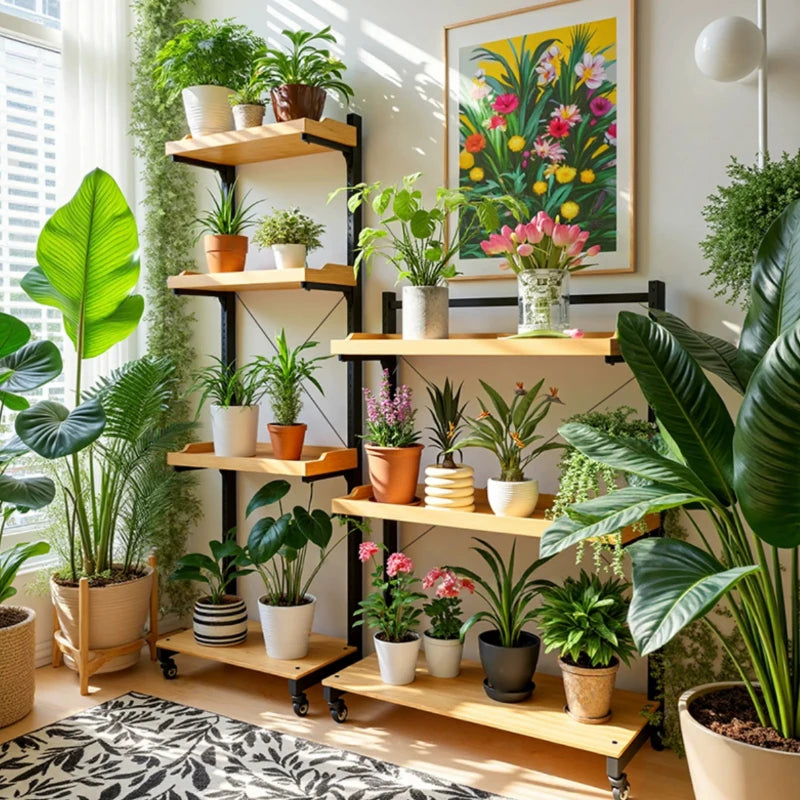 étagère extérieure pliants niveaux roulettes moderne matériaux bois métal plantes balcon jardin
