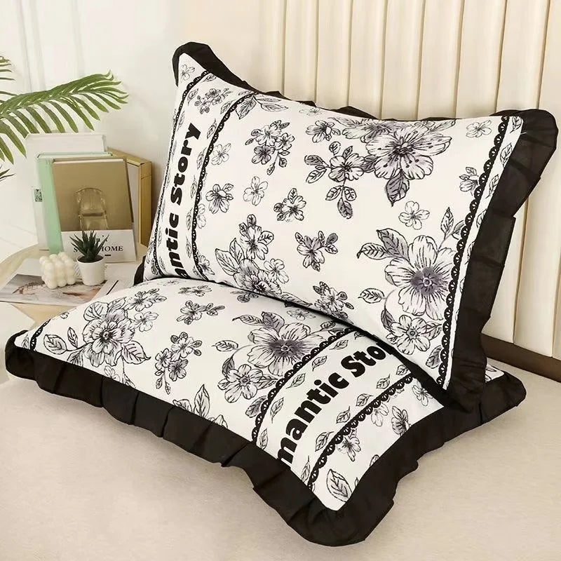 taies d'oreiller polyester motif floral vintage blanc noir adhésif respectueux environnement simple casa lot