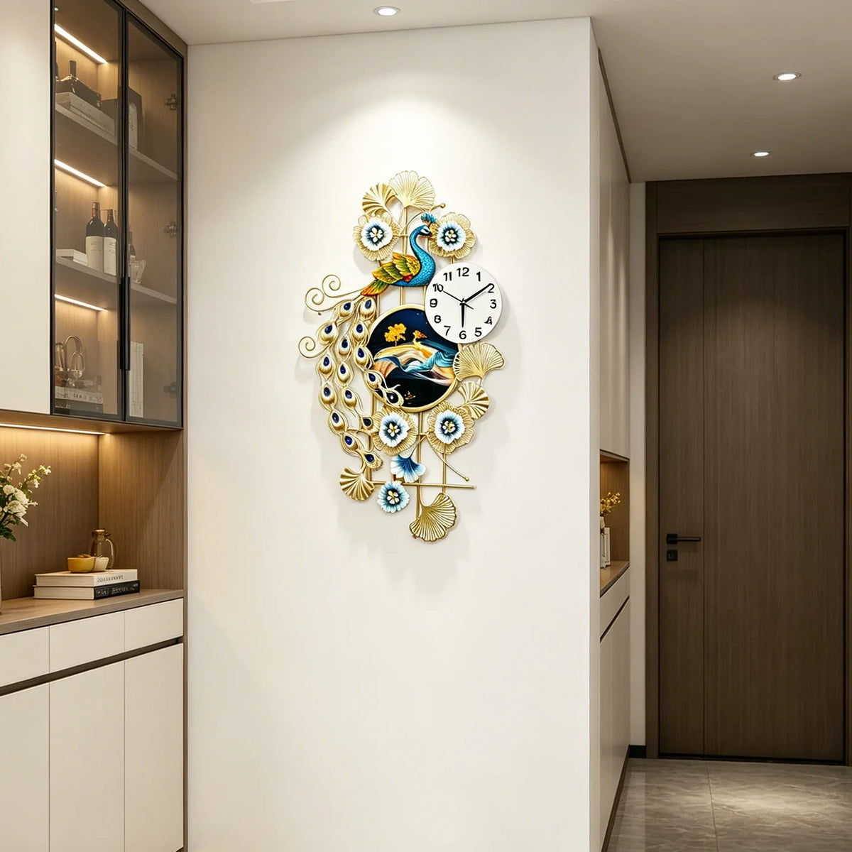 horloge murale paon plumes fleurs bleu doré moderne décoration intérieure fixations ornementales