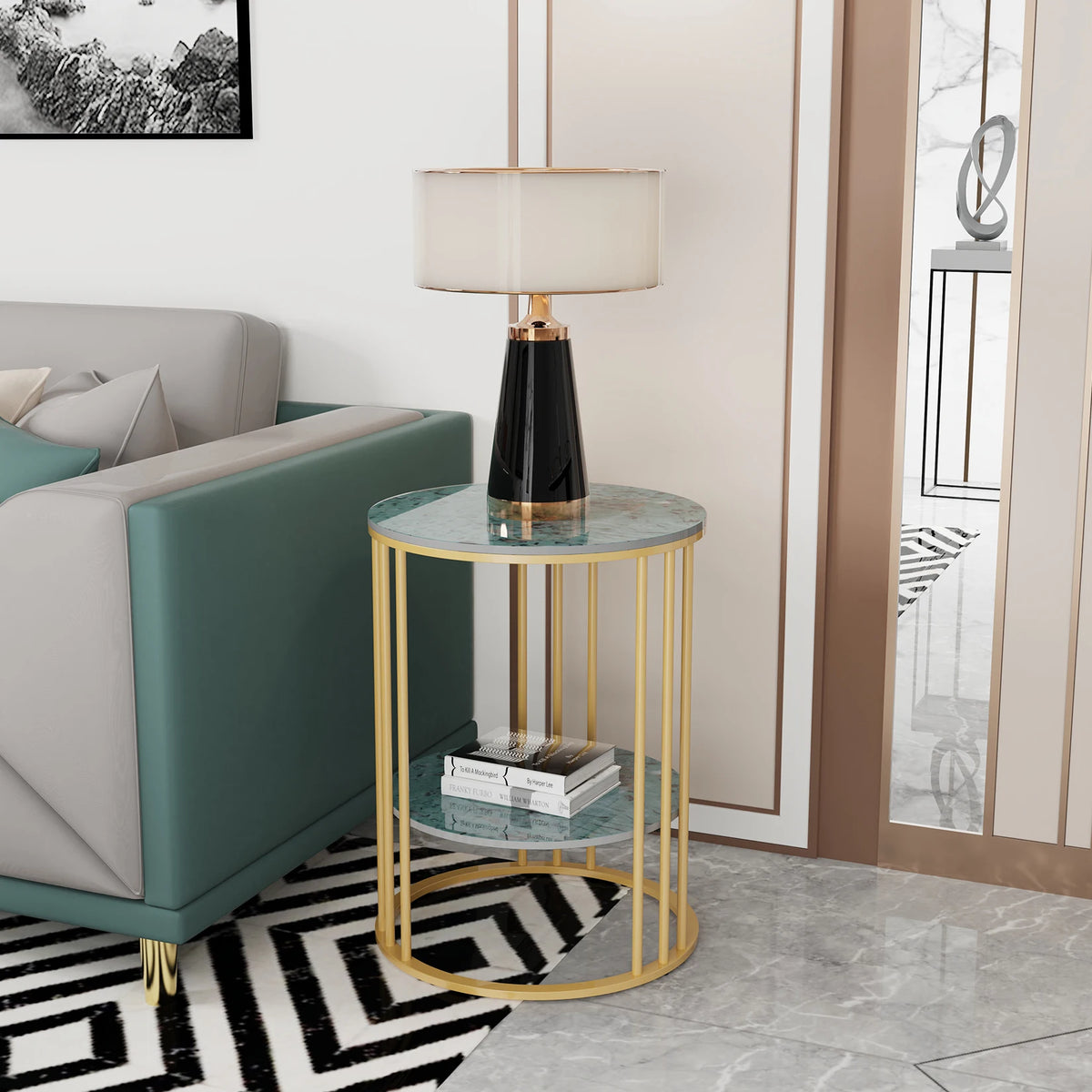 table d'appoint moderne marbre or blanc métal minimaliste vase livre plante