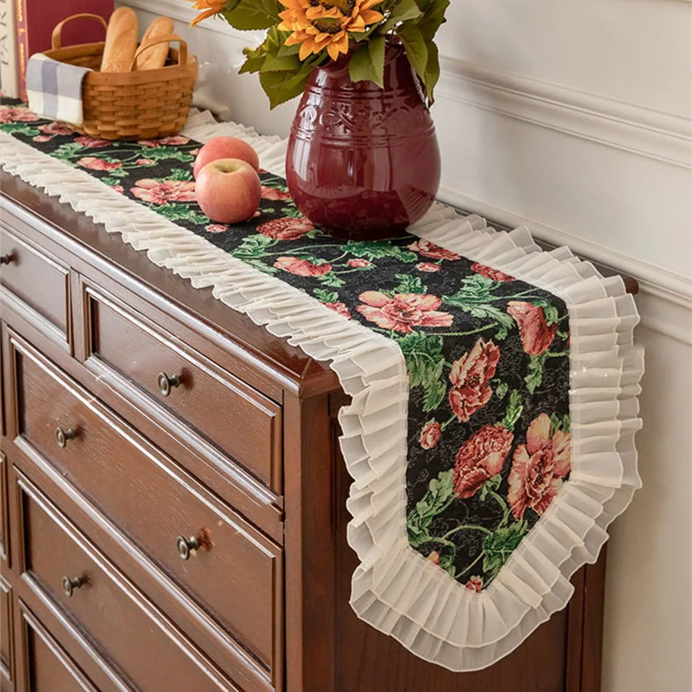 chemin table vintage rose vert blanc fleurs feuilles fronces coton polyester