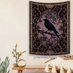 tapisserie gothique corbeau noir violet beige motif floral ornemental rectangle lavable maison chambre studio