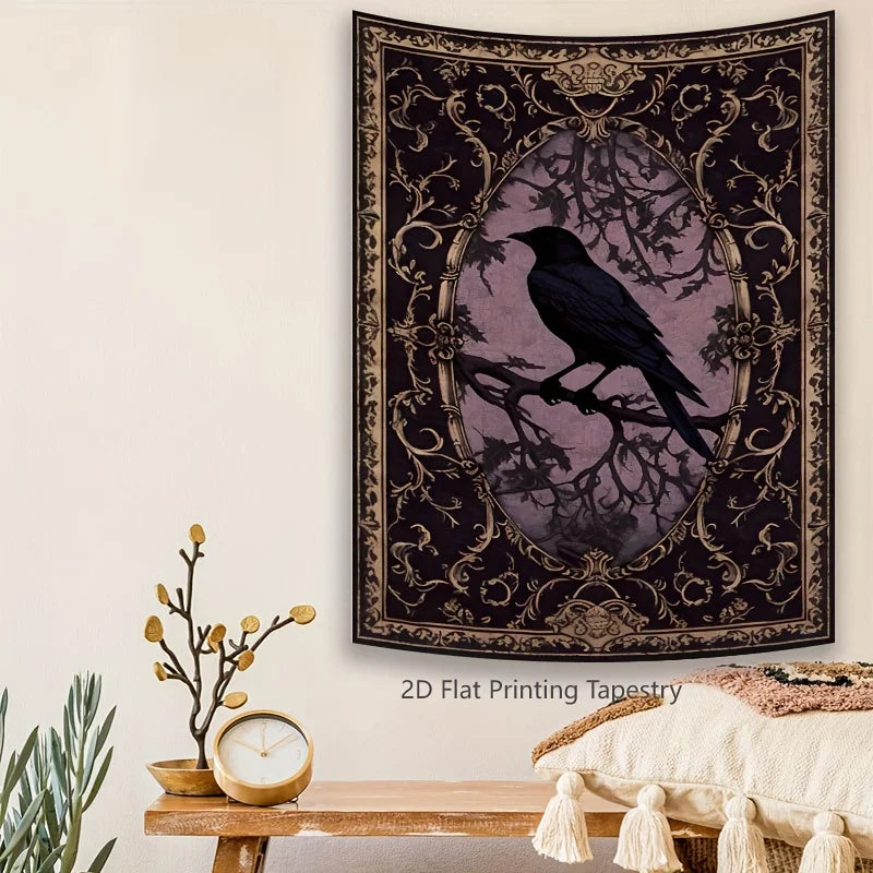 tapisserie gothique corbeau noir violet beige motif floral ornemental rectangle lavable maison chambre studio