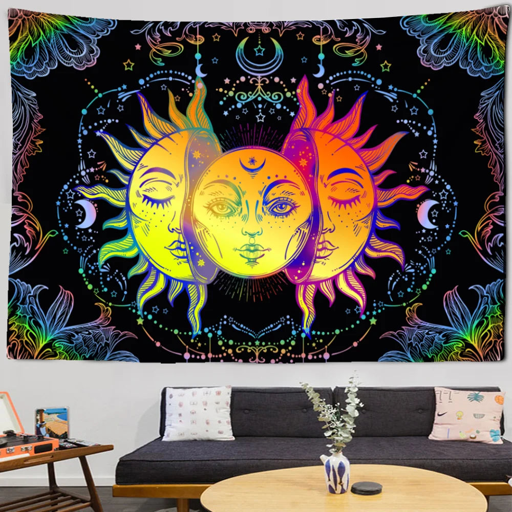tapisserie murale mandala noir blanc motifs floraux astraux visages stylisés decoration chambre graphique large