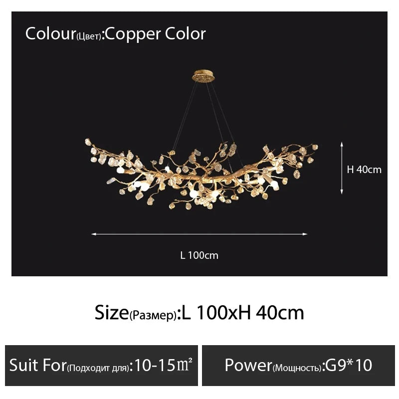 suspension lumineuse moderne dorée branches fleurs transparentes cristal haute luxure