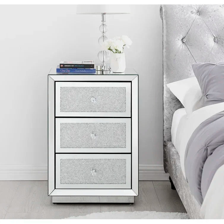 commode moderne miroir argentée paillette tiroirs poignées cristal chambre coucher glamour
