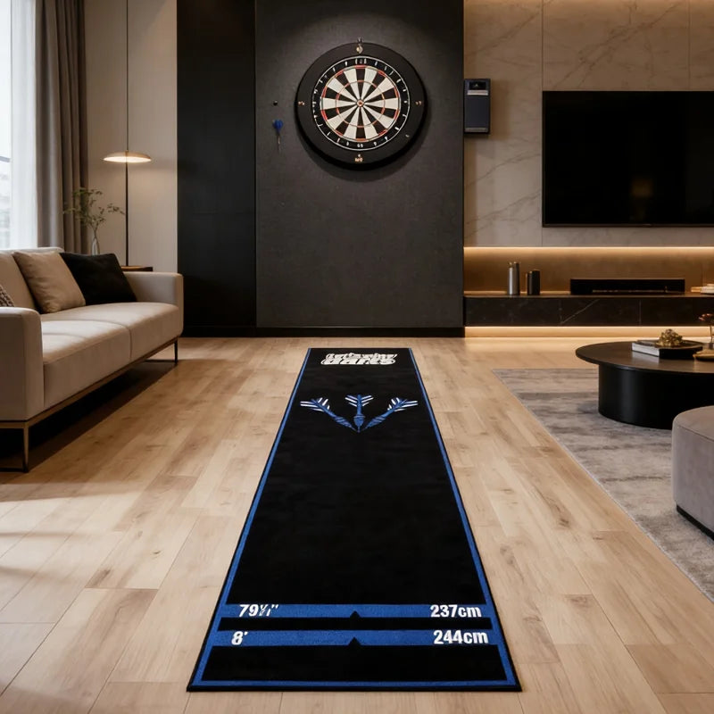 tapis fléchettes noir bleu logo cuesto moderne antidérapant polyester durable intérieur extérieur chambre couloir