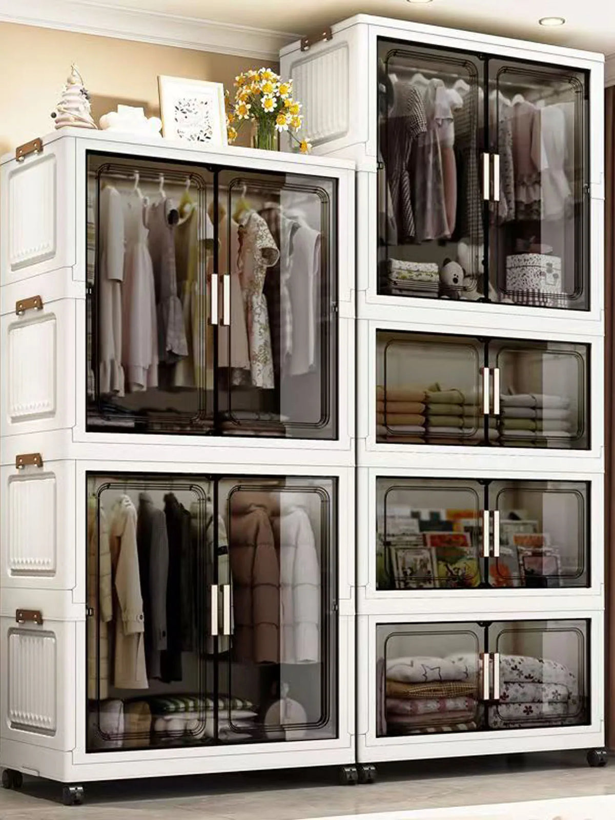 armoire rangement modulable blanche portes verre transparent poignées cuir roulettes cuisine maison