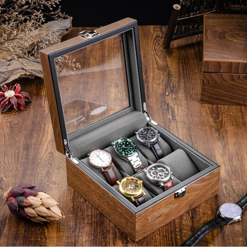 boîte montres 10 slots bois marron velours gris verre transparent classique clips verrouillage