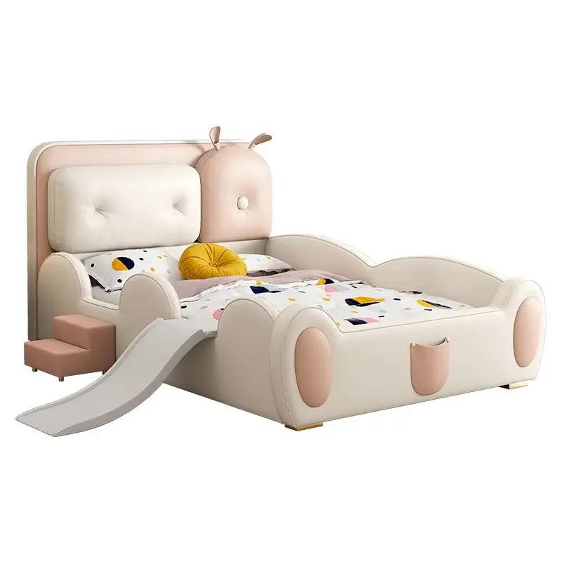 lit enfant toboggan simili cuir beige rose doux moderne tapis rond coussins