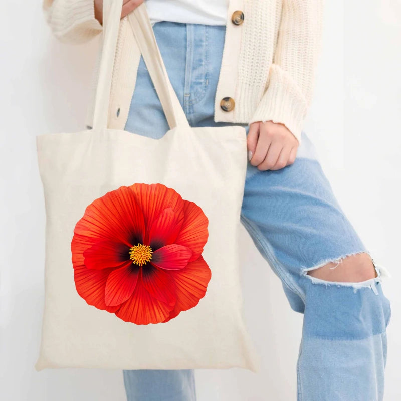 sac main toile beige imprimé floral rouge poignées détachables réutilisable respectueux environnement multifonction