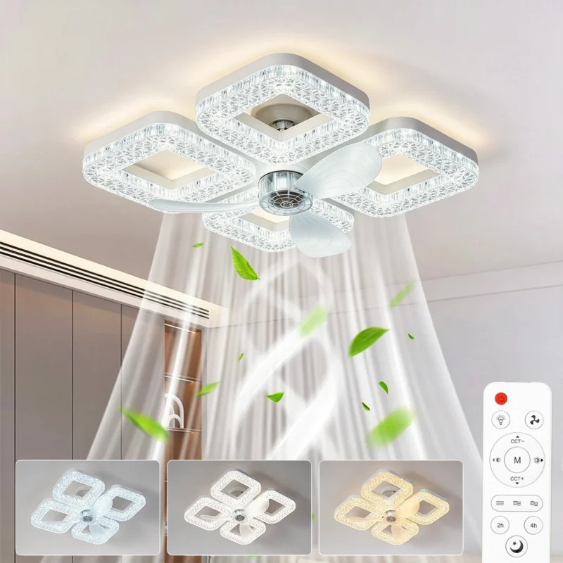 ventilateur led moderne blanc géométrique télécommande vitesses minuterie lumière
