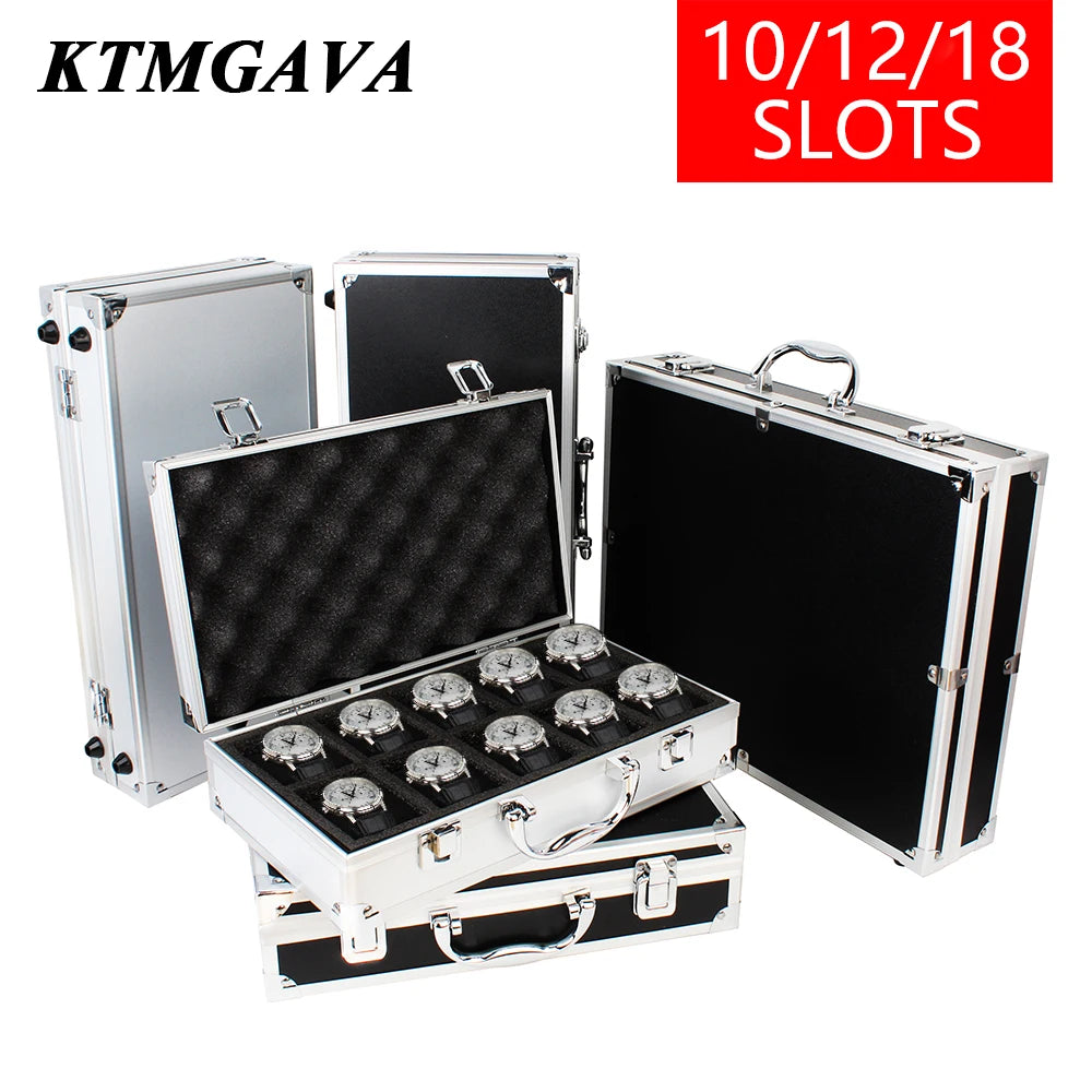 boîte montres moderne 12 slots aluminium noir mousse intérieure poignées métalliques