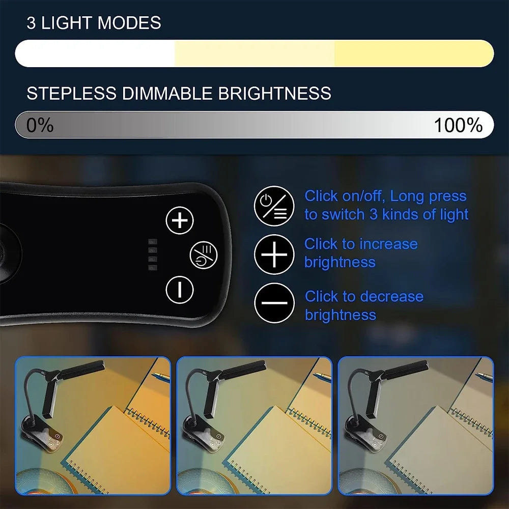 lampe lecture portable rechargeable led pinces noir mode moderne tactile affichage luminosité