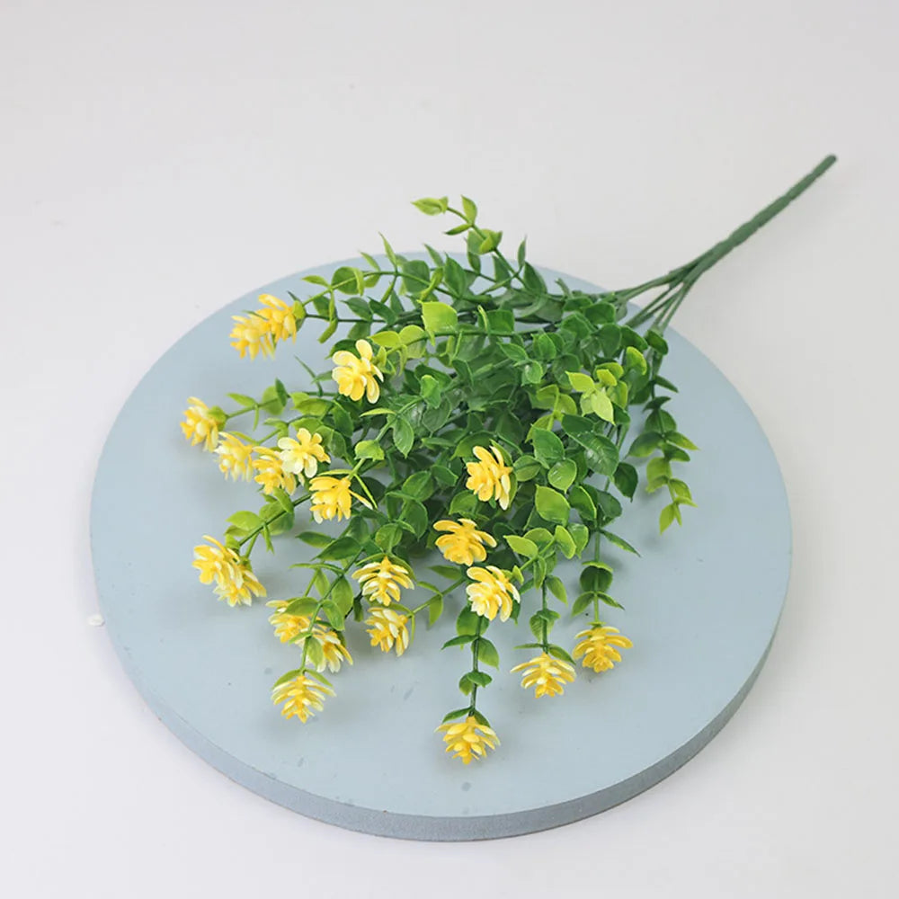 bouquets fleurs artificielles jaune violet vert feuilles modernes extérieur mariage piques tiges flexibles
