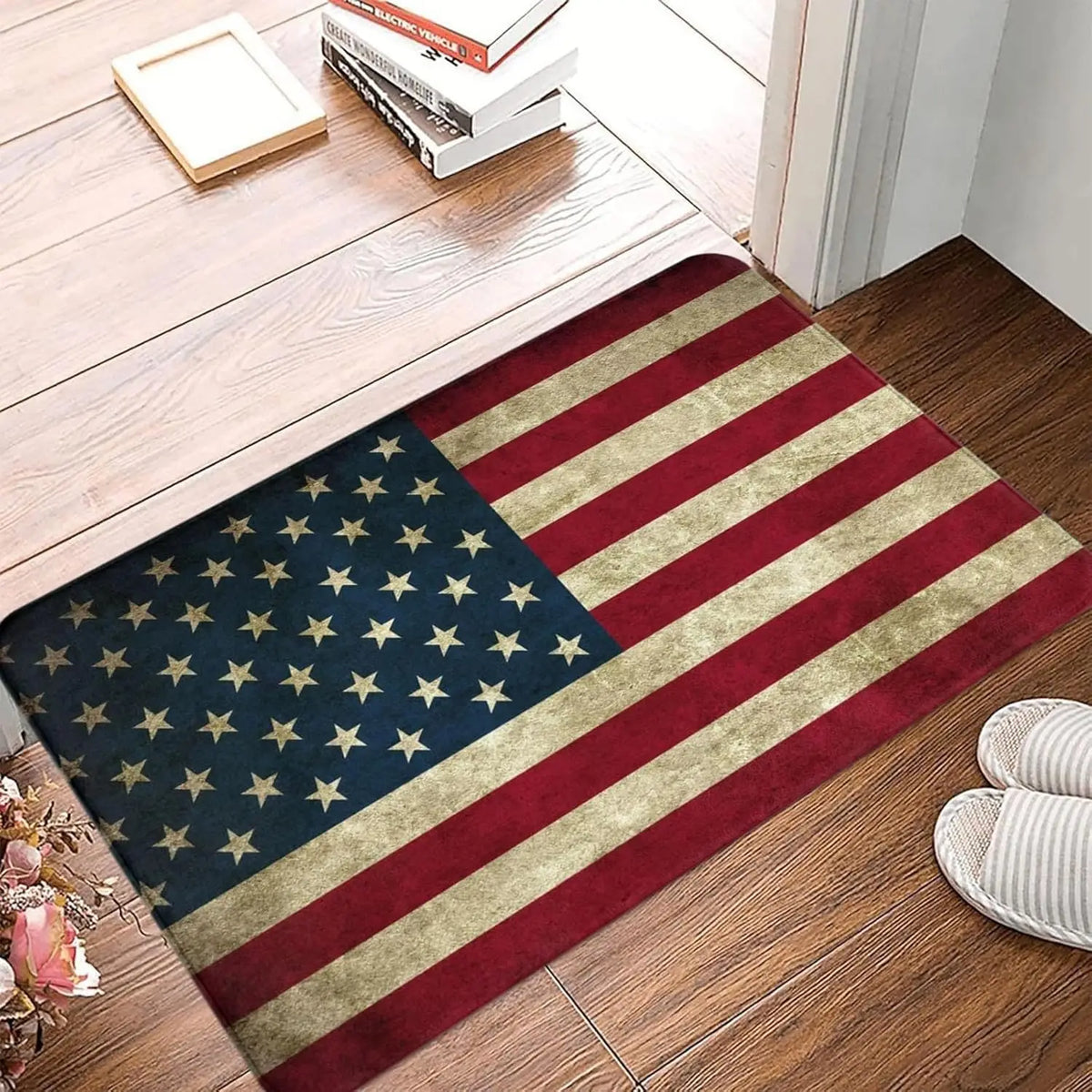 tapis sol antidérapant drapeau américain rayures bois étoiles dorées bleu marine rouge vintage